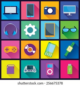 Collection of Gadget Flat Icons in colorful square background with diagonal shadow