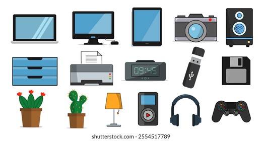 Collection of Gadgets and Electronic Devices in isolate Illustration on White Background.