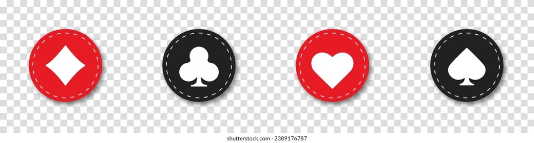 Collection gambling signs symbol of playing card suits and chips for poker and casino. Vector suit deck of playing cards on an isolated transparent background. Icon hearts, clubs, diamonds and spades.