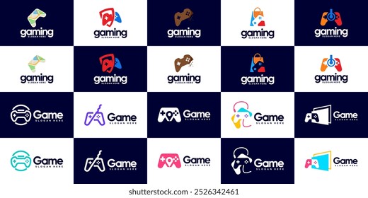 collection of game console logos, joysticks, activities, entertainment, graphic design templates.