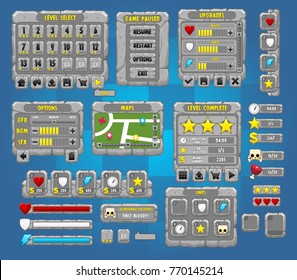 Collection of game GUI elements from window, button, icon and hud for video game with stone and rock theme