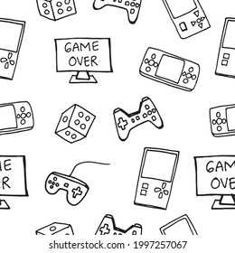 Collection of game illustrations isolated on a white background, featuring a seamless pattern of vintage hand-drawn vectors. Ideal for gaming-themed designs, retro visuals, or patterned graphics.