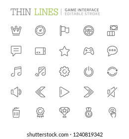 Collection of game interface related line icons. Editable stroke