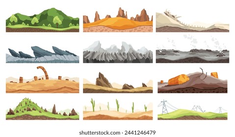 Collection game landscapes. Cartoon design nature. Landscape of soil sections. Illustration of cross section ground slices isolated on white background