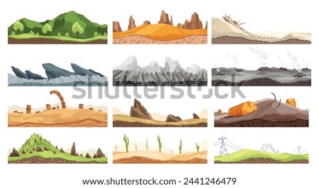 Collection game landscapes. Cartoon design nature. Landscape of soil sections. Illustration of cross section ground slices isolated on white background