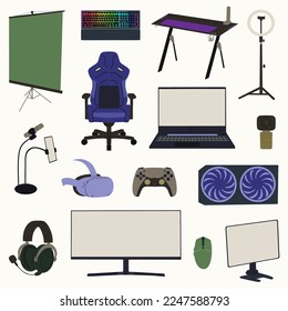 Collection with game streamer elements. Digital equipment for play or work. Concept cyberspace technology. Pc, monitor, mouse, controller. Professional device set. Vector illustration.