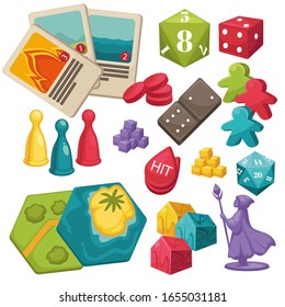 Collection of games for children and families, isolated set of toys and boardgames. Figures and cards, dices and symbols of gaming process. Kids interactive and educational activities, vector