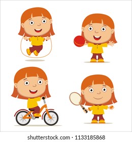 Collection of games of little girl wit red hair: jump rope, bicycle, ball, tennis.