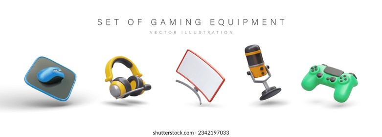 Collection of gaming equipment. Color 3D mouse with mat, headset, monitor, microphone, gamepad. Gadgets for modern online games. Device for web blogging, streaming