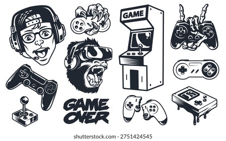 A collection of gaming graphics shows different elements like controllers a game cabinet and characters. These symbols represent various aspects of gaming culture.