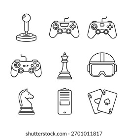 Uma coleção de ícones de jogos com um joystick, vários controladores, um headset VR, peças de xadrez, um dispositivo móvel e cartas de jogo em um estilo limpo e contornado.