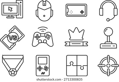 Coleção de ícones de jogos, incluindo controladores auscultadores e troféus isolados em fundo transparente