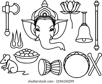 collection of Ganesh chaturthi items including axe drum mouse and many more along with lord Ganesh