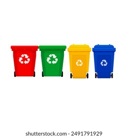 Collection of garbage cans with four colours. Ecology and recycle concept. Flat vector illustration isolated on white background.