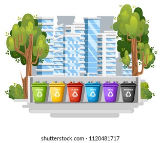 Collection of garbage cans with sorted garbage.Six containers in modern city. Ecology and recycle concept. Flat vector illustration on modern city background.