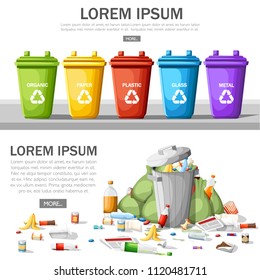 Collection of garbage cans with sorted garbage. Steel garbage bin full of trash. Ecology and recycle concept. Garbage recycling and utilization concept. Flat vector illustration on white background.