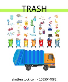 Collection of garbage and debris. Blue garbage truck. Glass fight, scrap metal, and organic, plastic waste and non-recyclable waste. Isolated vector illustration