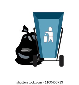 Collection of garbage and debris. Blue waste basket. A plastic bag full. Isolated Vector Illustration