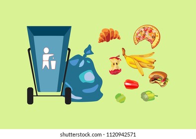 Collection of garbage and debris. Blue waste basket. Organic waste. Spoiled food and stub. The skin of a banana, bitten hamburger and apple stub. A plastic bagfull. Isolated Vector Illustration