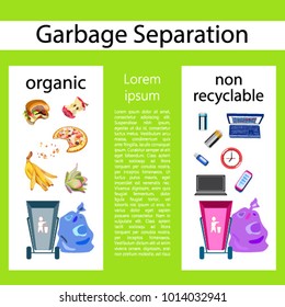 Collection of garbage and debris. Glass fight, scrap metal, and organic, plastic waste and non-recyclable waste. Isolated vector illustration