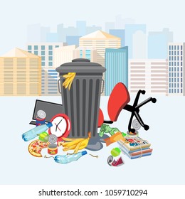 Collection of garbage and debris. Glass fight, scrap metal, and organic, plastic waste and non-recyclable waste. City dump. Isolated vector illustration