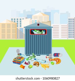Collection of garbage and debris. Glass fight, scrap metal, and organic, plastic waste and non-recyclable waste. City dump. Isolated vector illustration