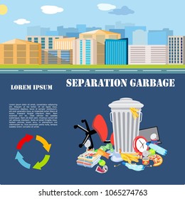 Collection of garbage and debris. Glass fight, scrap metal, and organic, plastic waste and non-recyclable waste.  A set of garbage. City dump. Isolated vector illustration

