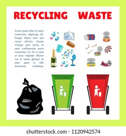 Collection of garbage and debris. Green and red trash can. Glass shards, bottles, glasses and a broken mirror. Metal cans, rusty nails and details. Full plastic bag. Isolated Vector Illustration