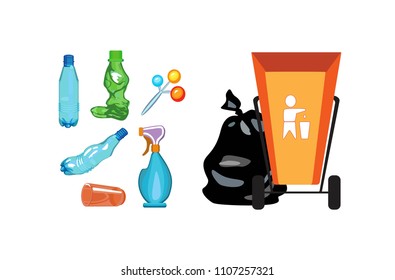 Collection of garbage and debris.  Orange trash can.Plastic bottles, a glass and other containers. Children's toy and other plastic waste in a bagful.  Isolated Vector Illustration


