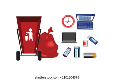 Collection of garbage and debris. Red waste basket. Unprocessable rubbish. Waste that can not be recycled. Broken computer, batteries and laptop. Mobile phones and other waste in a plastic bag. Vector