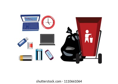 Collection of garbage and debris. Red waste basket. Unprocessable rubbish. Waste that can not be recycled. Broken computer, batteries and laptop. Mobile phones and other waste in a plastic bag. Vector