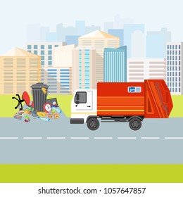 Collection of garbage and debris. Garbage truck in the background of the city. Glass fight, scrap metal, and organic, plastic waste and non-recyclable waste. City dump. Isolated vector illustration

