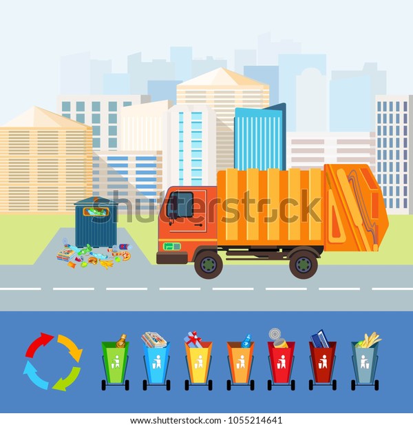 Collection of garbage and debris.\
Garbage truck in the background of the city. Glass fight, scrap\
metal, and organic, plastic waste and non-recyclable waste. City\
dump. Isolated vector\
illustration\
\
