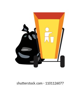 Collection of garbage and debris. Yellow waste basket. A plastic bagfull. Isolated Vector Illustration