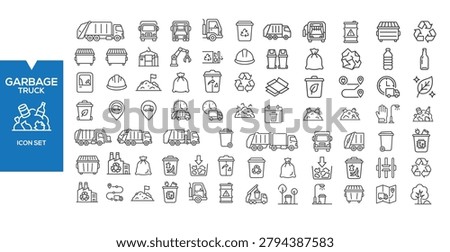Collection of Garbage Truck and Waste Management Icons: An extensive collection of line art icons illustrating garbage trucks, recycling bins, waste bags.