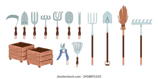 Collection of garden and Agriculture tools. Rake, shovel, pitchfork, broom. Farm instruments set. spades, fork, hoe, scythe, Weeder, spades, fork. Growing vegetables, compost. Vector illustration.