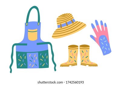 Collection of garden cloth. Garden gloves, garden hat, garden boots and apron. Isolated flat vector illustration set on white background.