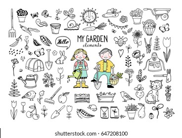 Collection Of Garden Doodle Elements, Isolated Hand Drawn Vector Illustration