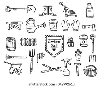 Collection of garden doodle sketch elements on white background. Vector illustration. 
