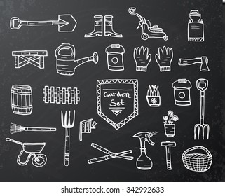 Collection of garden doodle sketch elements on black chalkboard background. Vector illustration. 