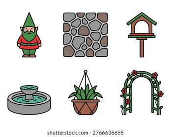 A collection of garden elements including a gnome, stone wall, birdhouse, fountain, hanging plant, and archway.