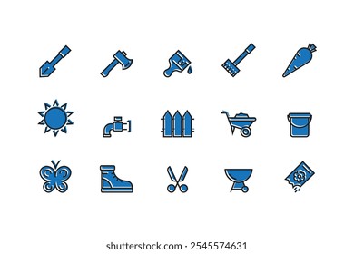 Sammlung von Garten- oder Gartensymbole.Set und Design flachen Stil Vektorgrafik in blau mit schwarzer Außenbahn, Elemente mit Gartenwerkzeugen Symbole, Vektorgrafik