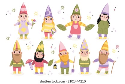 Collection of garden gnomes. Gnome woman and man dwarfs holding lantern, leaf mushroom, showel. Set of cute fairytale characters. Bundle of lawn ornaments or decorations. Cartoon vector illustration.