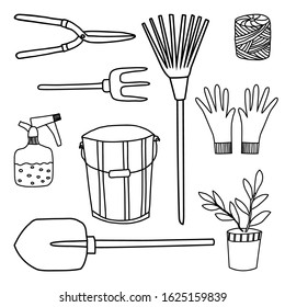 Collection garden instruments. Hand drawn isolaled shovel, gloves, fork, rake, spray bottle, bucket, scissors, plant pot and skein of rope on the white background. Vector doodle elements. 