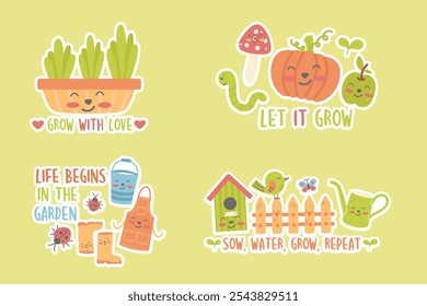 Collection garden kawaii stickers badge, label with lettering