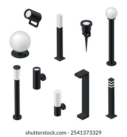 A collection of garden lighting equipment featuring a variety of styles and designs, ideal for effectively illuminating outdoor areas in the evening and at night.