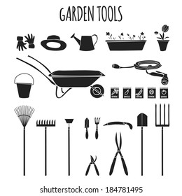 Collection of garden related items tools and accessories for cultivating plants graphic pictograms isolated vector illustration