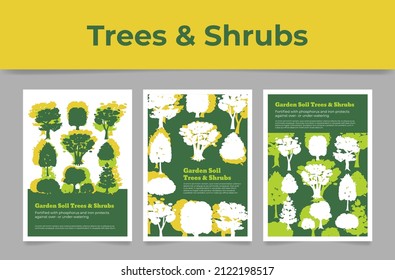 Colección de árboles de suelo de jardín y arbustos afiche vertical con lugar para ilustración de vector de texto. Colocar la pancarta promocional con siluetas de madera para el cultivo de jardinería y la semilla hortícola