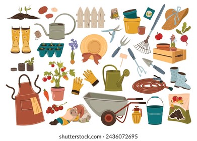 Collection of garden tools and accessories. Garden care, tools and equipment. Gardening is a hobby love of plants.