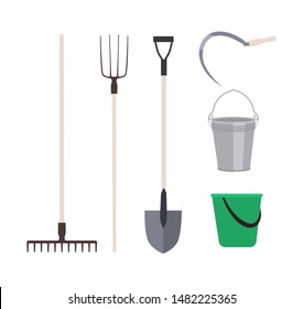 Collection of garden tools or agricultural implements isolated on white background - rake, pitchfork shovel, buckets, sickle. Set of equipment for harvest gathering. Flat cartoon vector illustration.